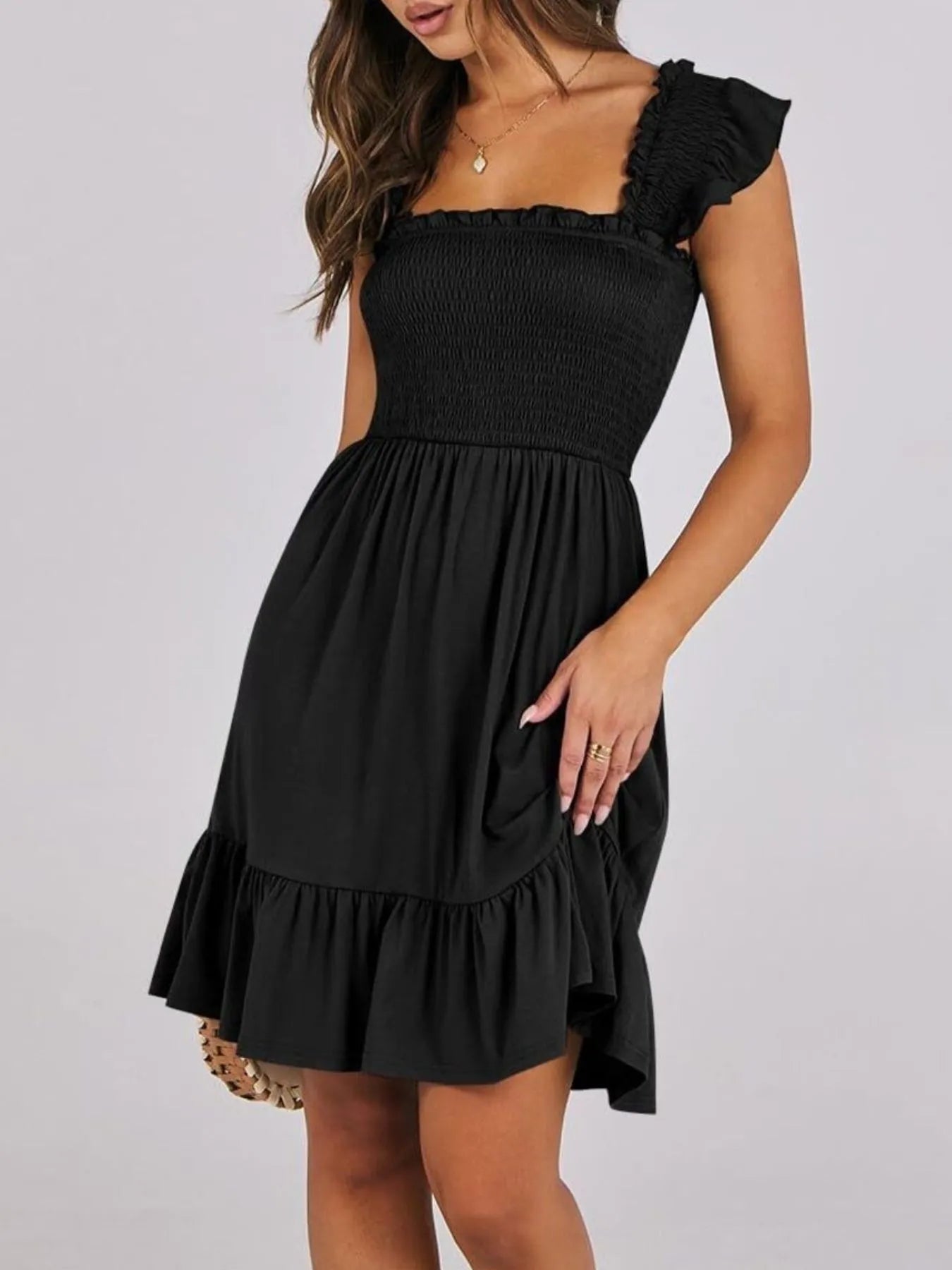 Ruffled Hem Smocked Cami Dress Black OutfitFlow