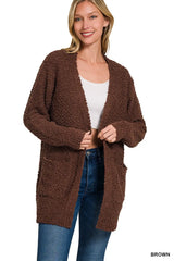 Zenana Long Sleeve Popcorn Sweater Cardigan with Pockets BROWN Trendsi