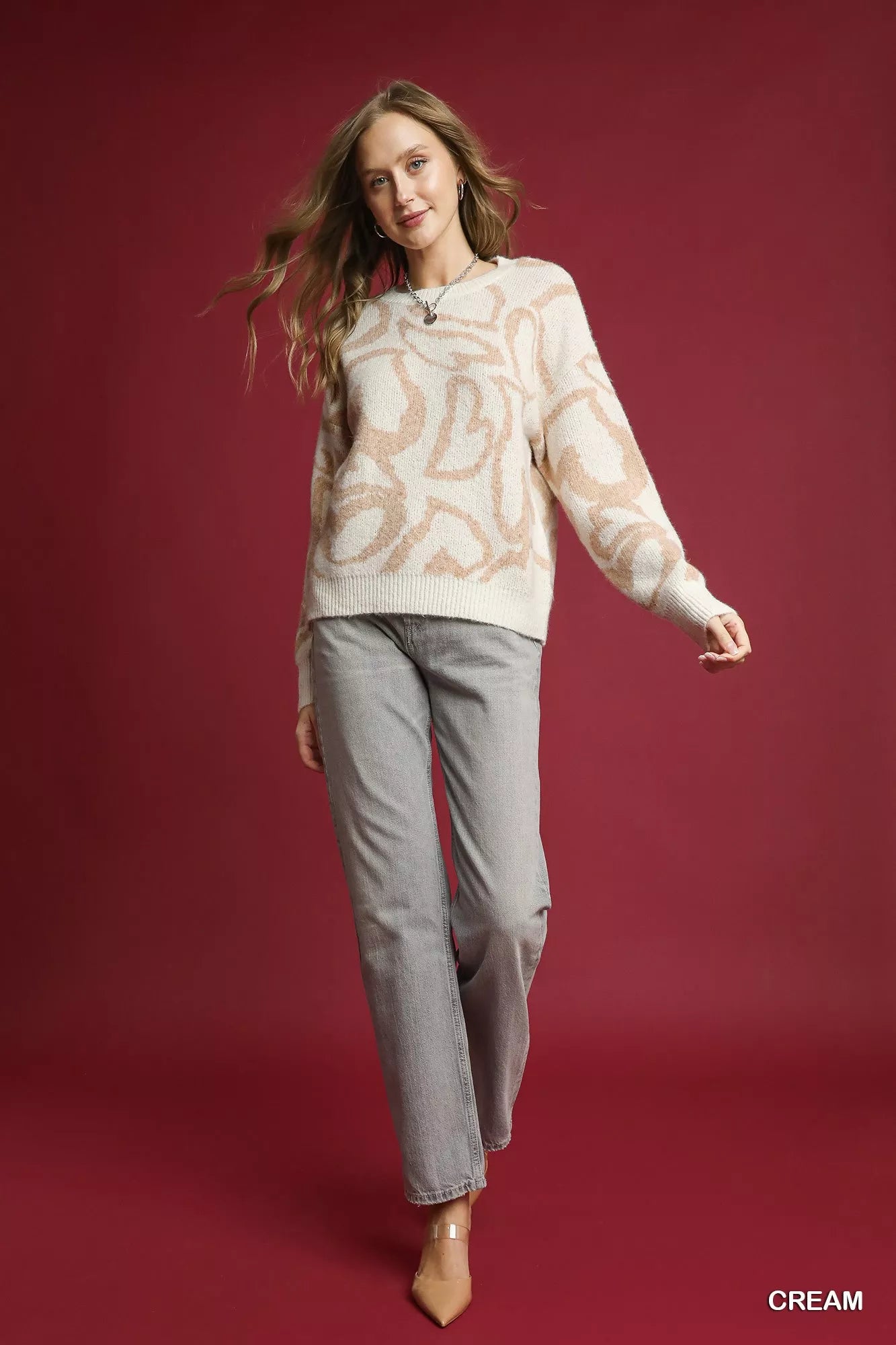 Umgee Heart Print Crew Neck Sweater Trendsi