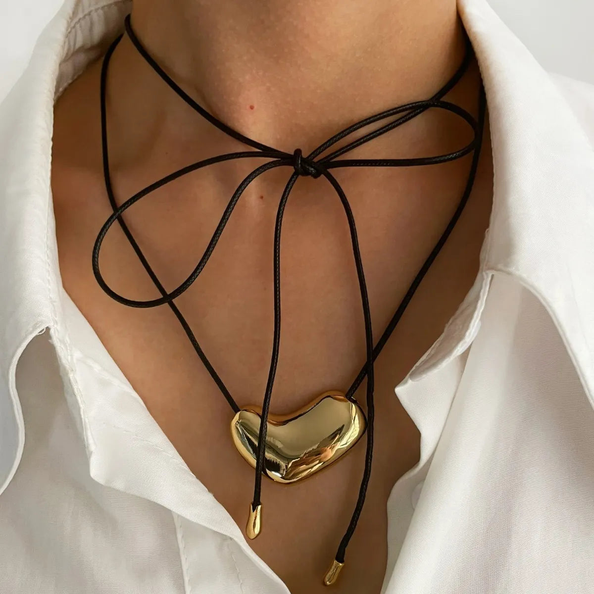 Heart Pendant Leather Rope Necklace Gold One Size OutfitFlow