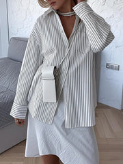 Oversized Striped Button-Down Shirt Beige OutfitFlow