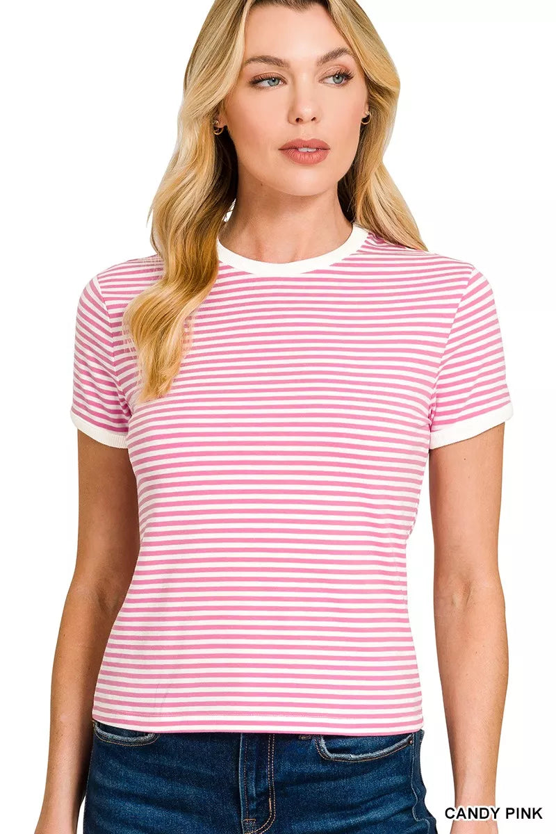 Zenana Striped Contrast Trim Tee CANDY PINK Trendsi
