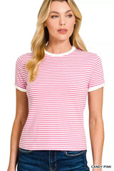Zenana Striped Contrast Trim Tee CANDY PINK Trendsi