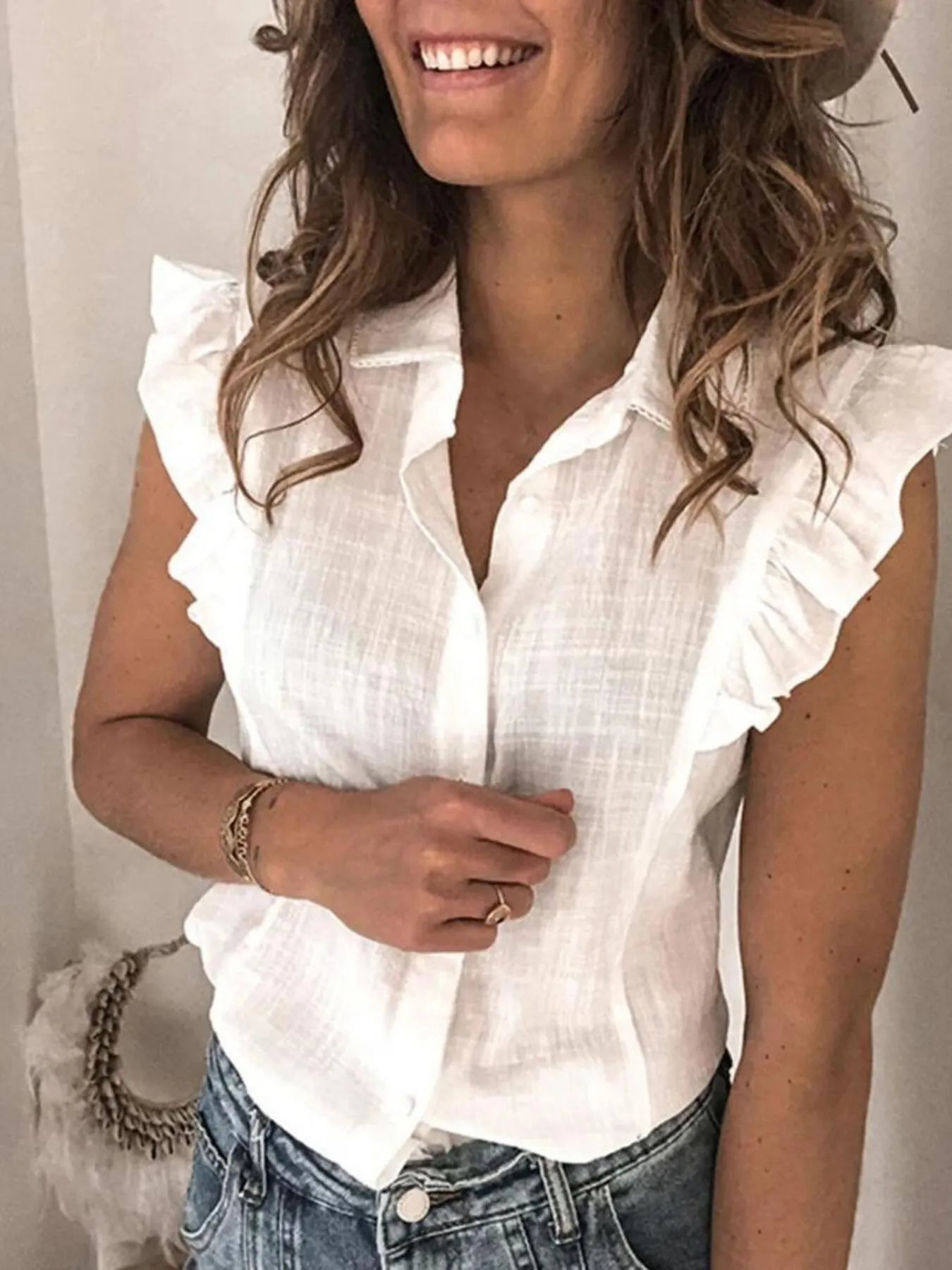 Ruffle Sleeve Button-Up Shirt OutfitFlow
