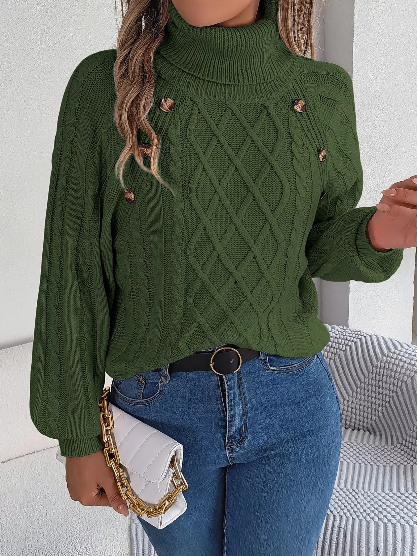 Cable Knit Turtleneck Long Sleeve Sweater OutfitFlow