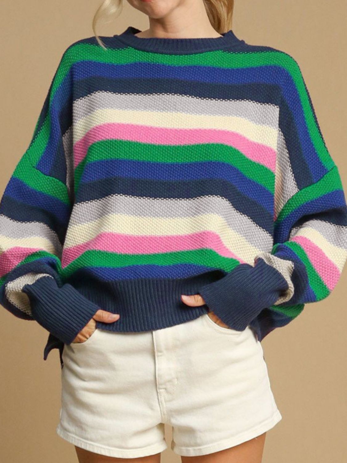 Contrast Striped Round Neck Long Sleeve Sweater