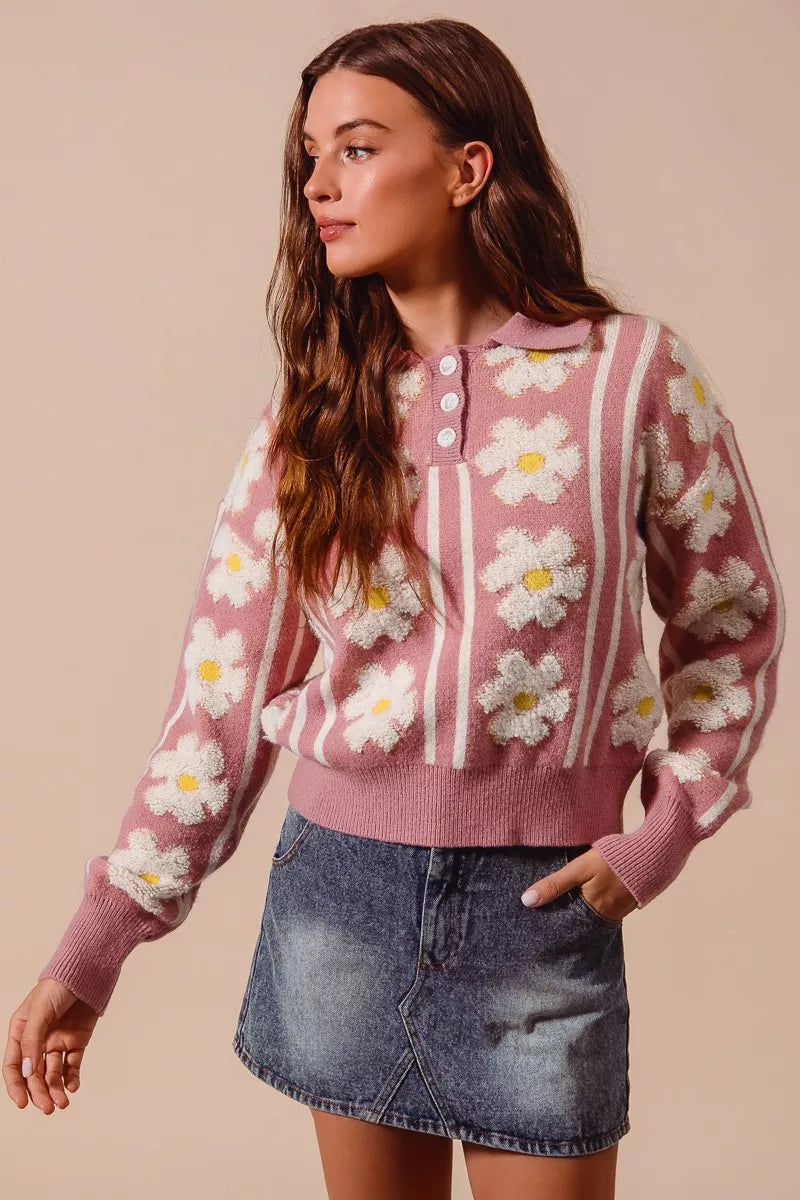 SO ME Floral Stripe Polo Collar Sweater Trendsi