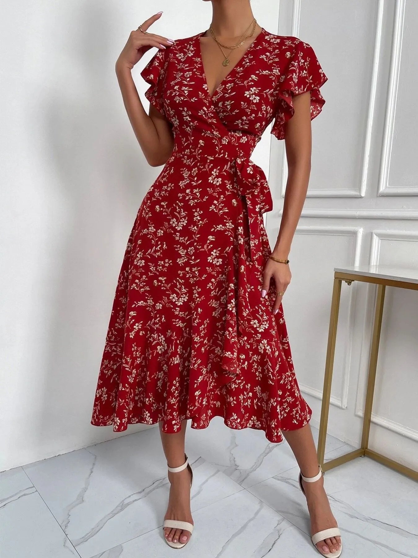 Floral Ruffle Sleeves Midi Dress OutfitFlow
