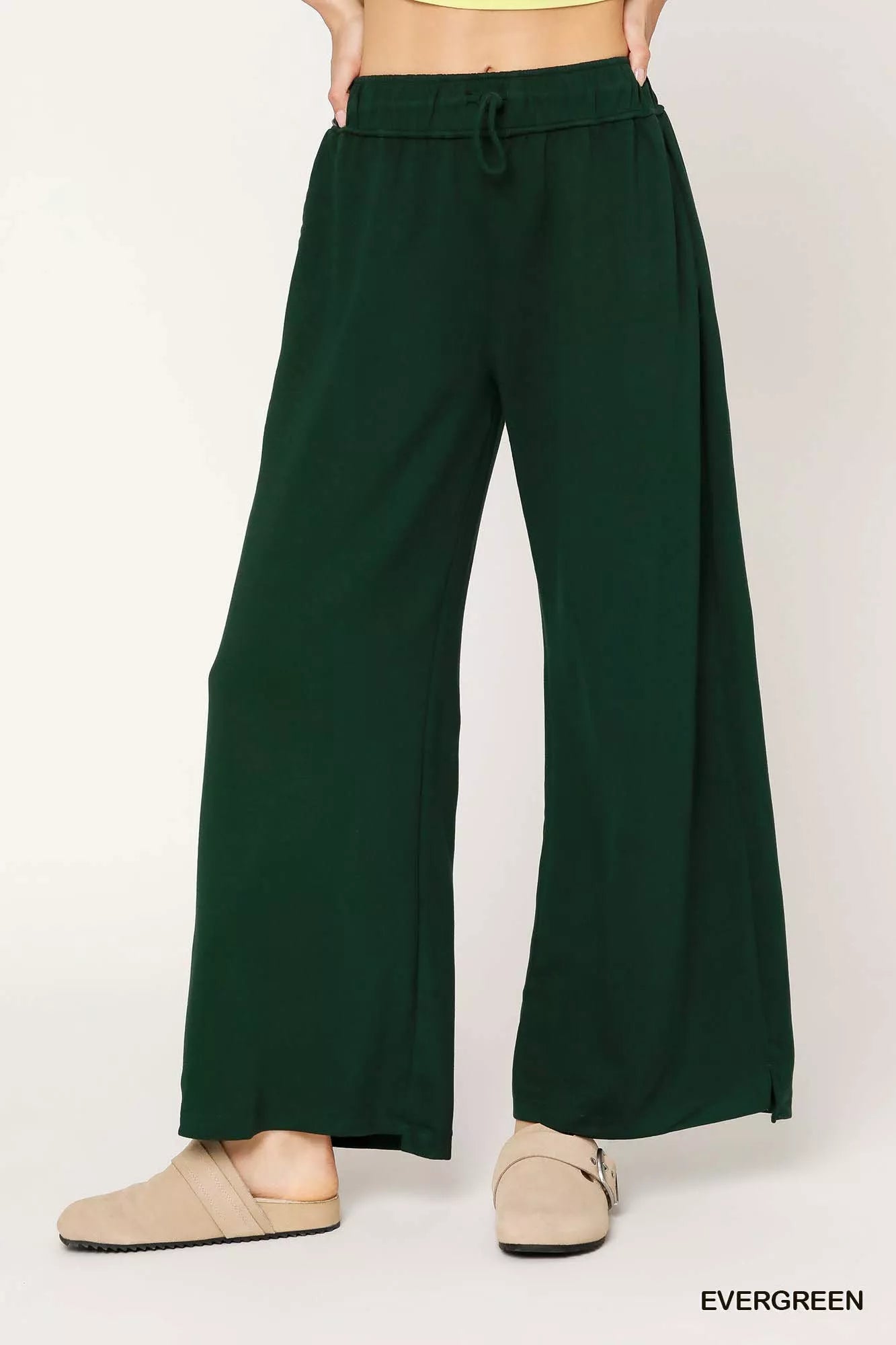 Umgee Elastic Drawstring Waistband Wide Leg Pants OutfitFlow