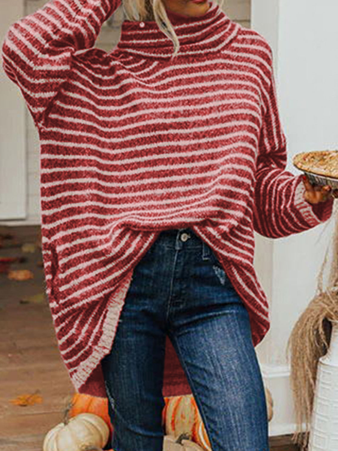 Striped Turtleneck Sweater with Pockets OutfitFlow