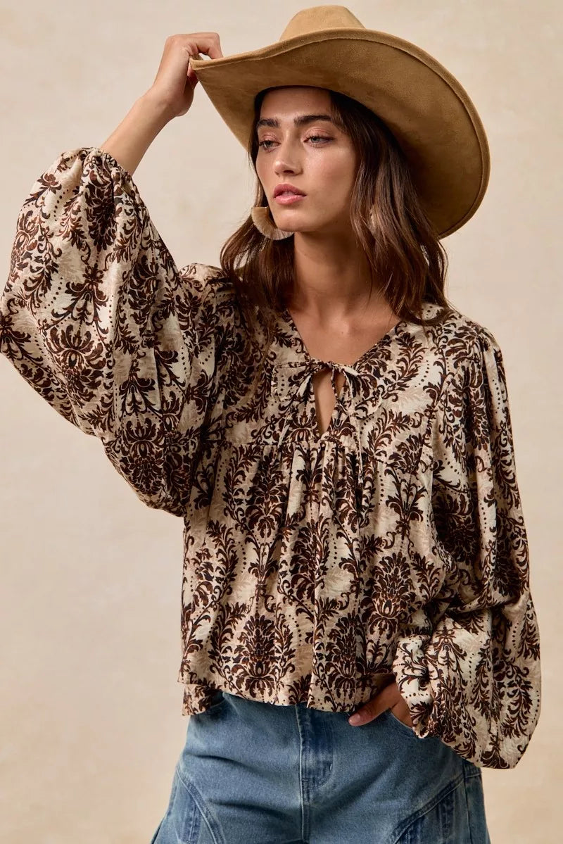 BiBi Printed Woven Front Tied Blouse with Baloon Sleeve OutfitFlow