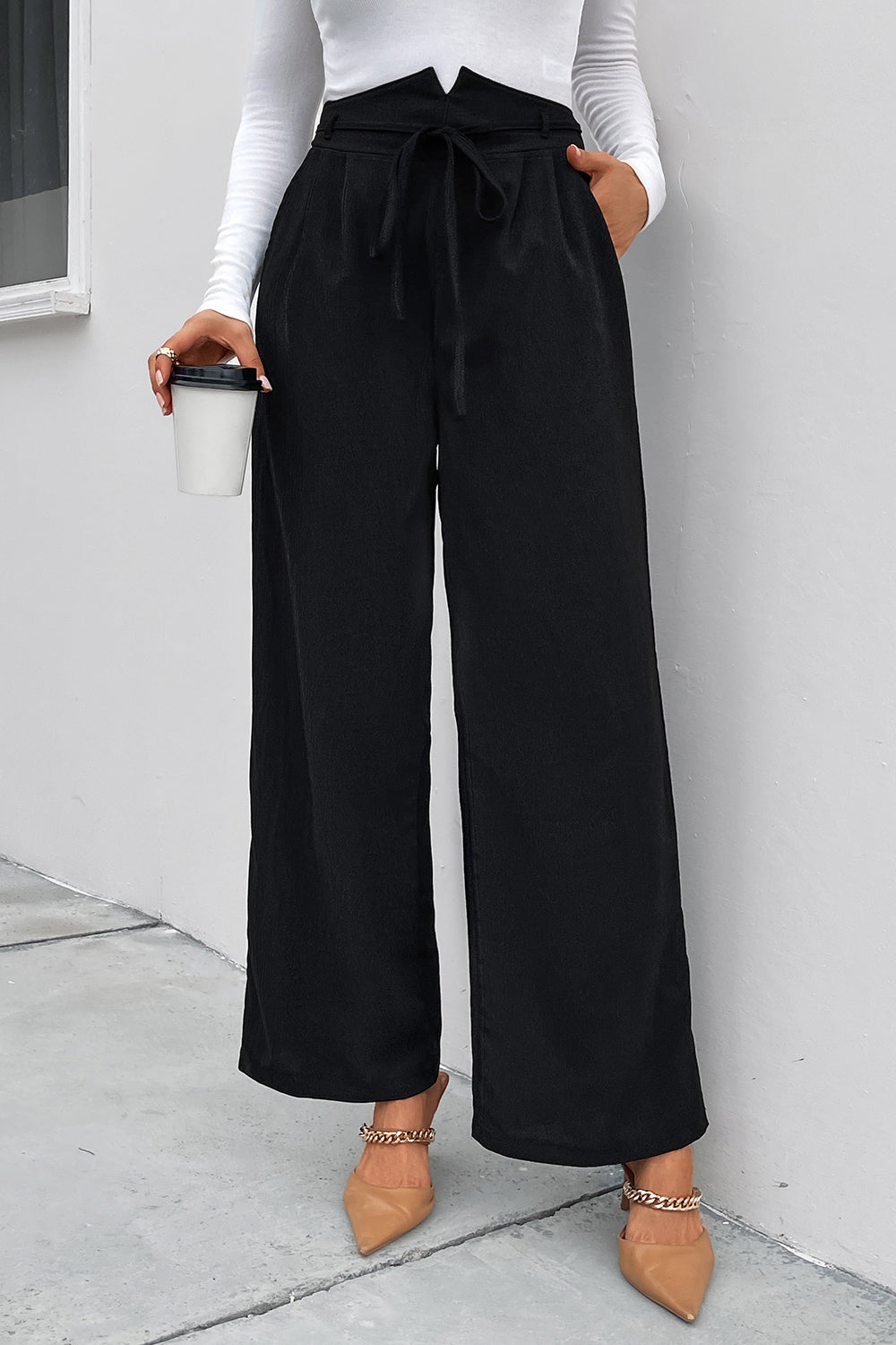 Outfit Flow - Perfee High Waist Ruched Tie Front Wide Leg Pants