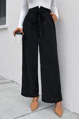 Outfit Flow - Perfee High Waist Ruched Tie Front Wide Leg Pants