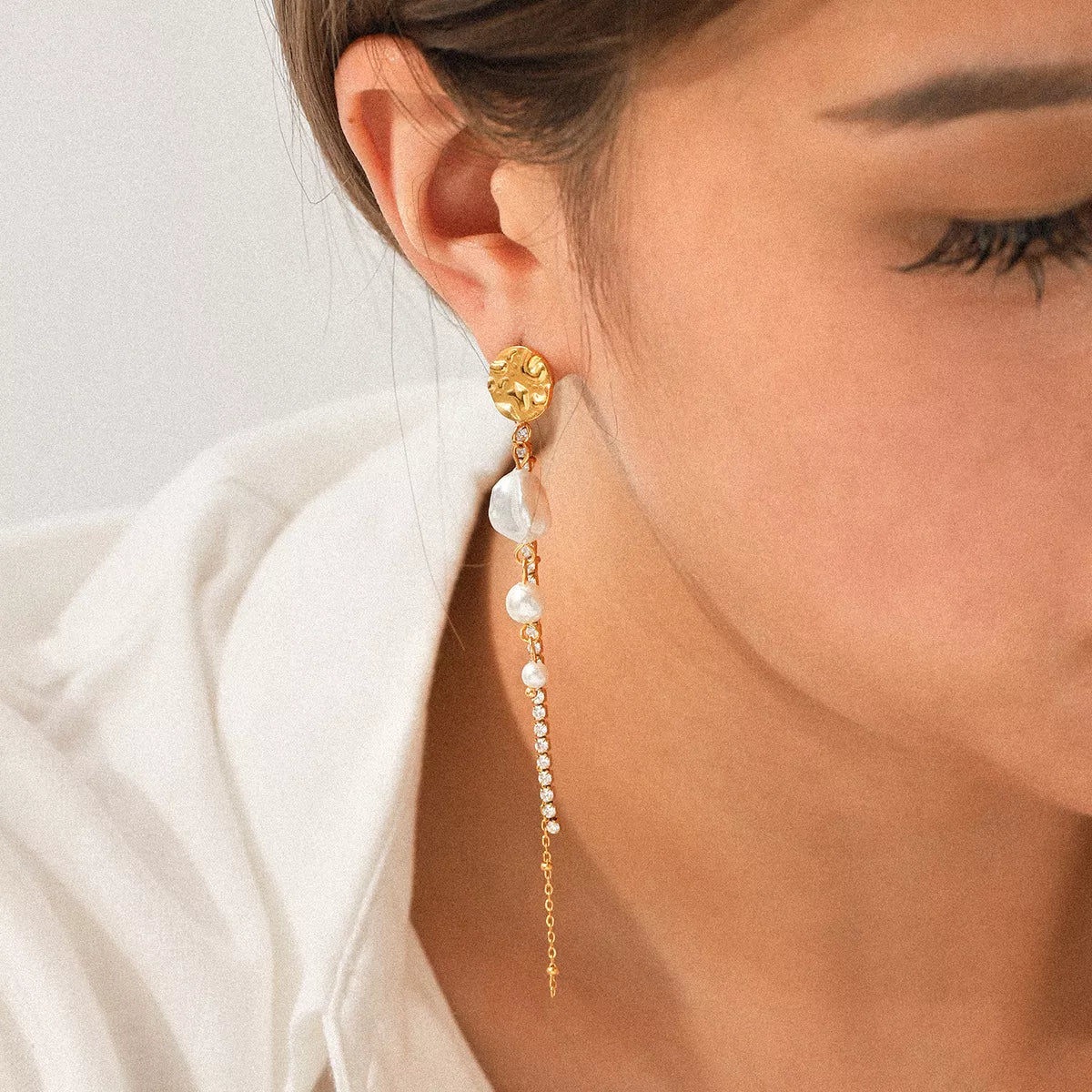 18K Gold-Plated Zircon Pearl Chain Earrings OutfitFlow