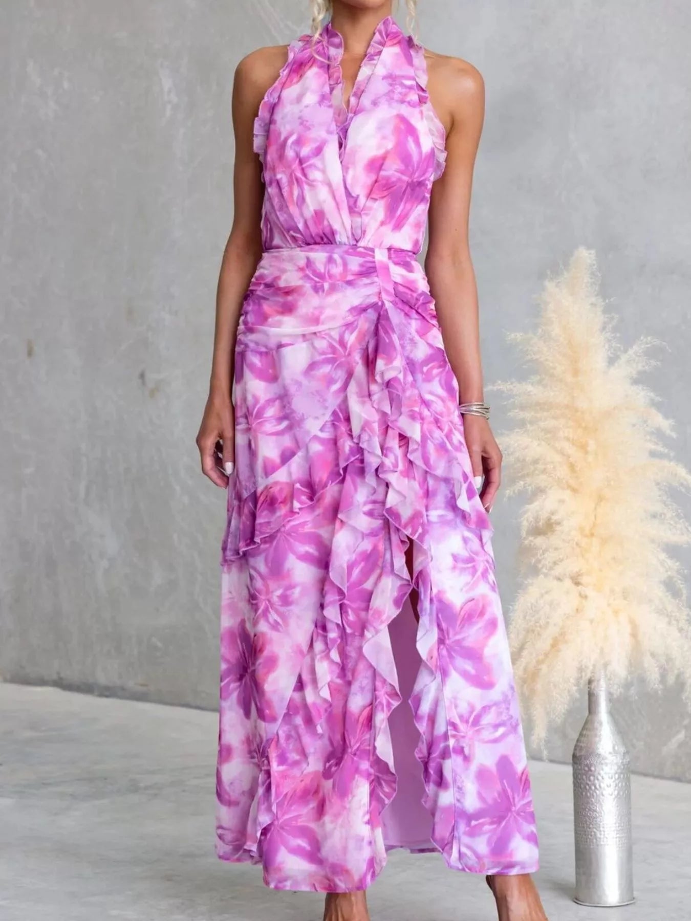 Floral Print Ruffle Halter Neck Maxi Dress OutfitFlow