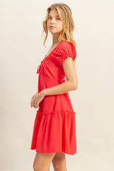 HYFVE Ruched Frill Tiered Short Sleeve Mini Dress OutfitFlow