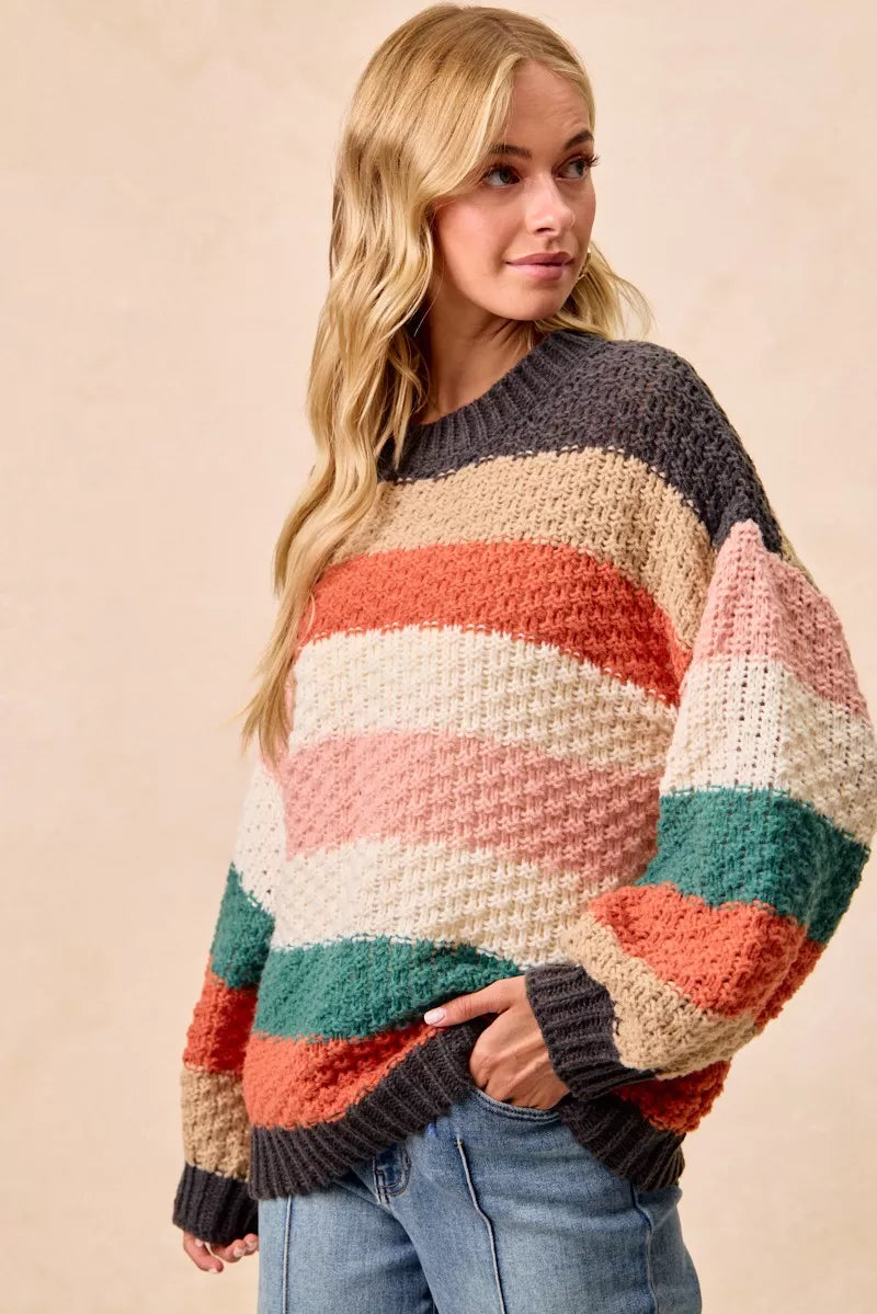 BiBi Stripes Color Block Chunky Sweater OutfitFlow