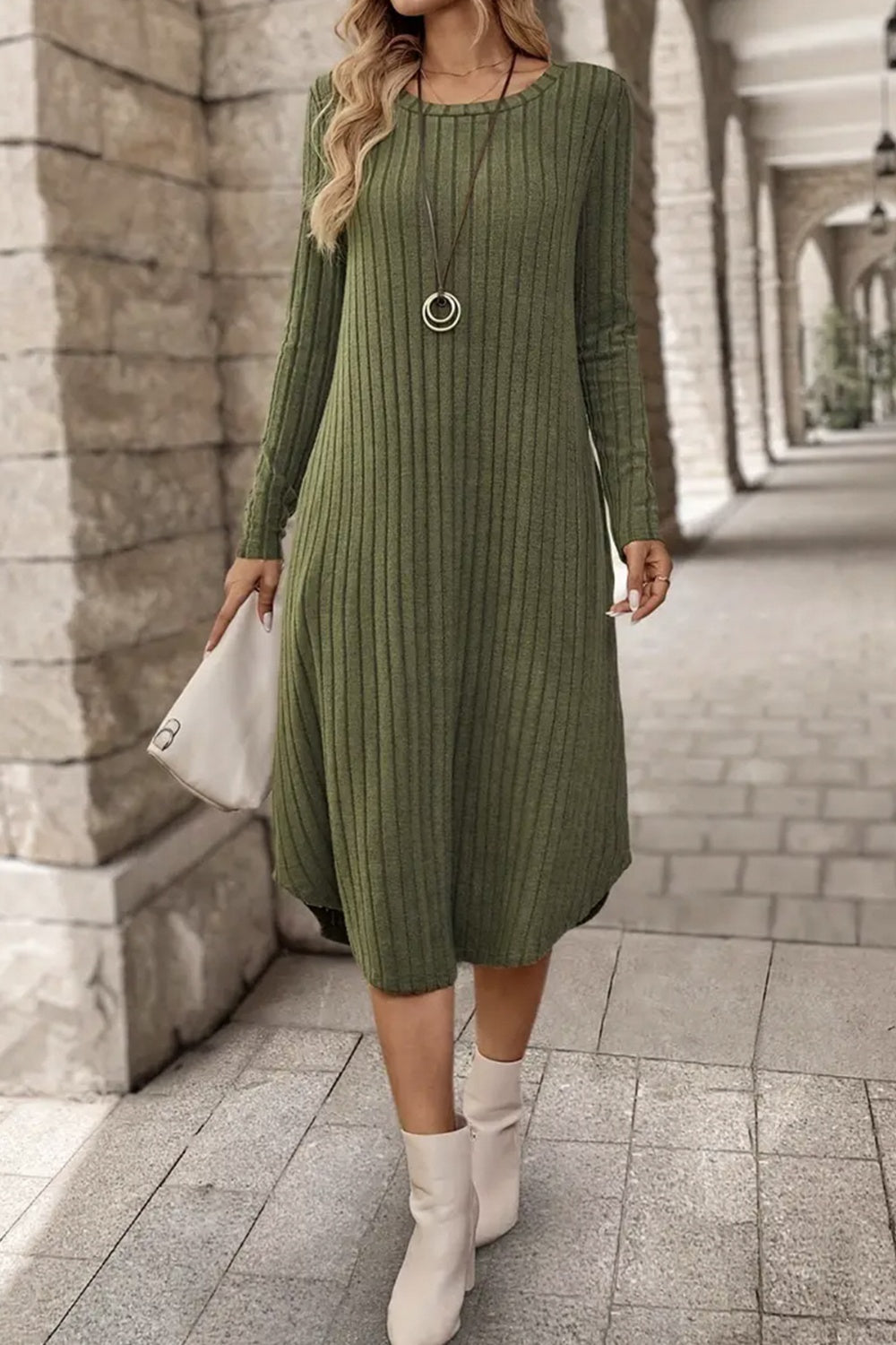 Outfit Flow - Ribbed Curved Hem Round Neck Long Sleeve Dress