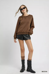 Umgee Round Neck Long Sleeve Fleece Sweatshirt OutfitFlow