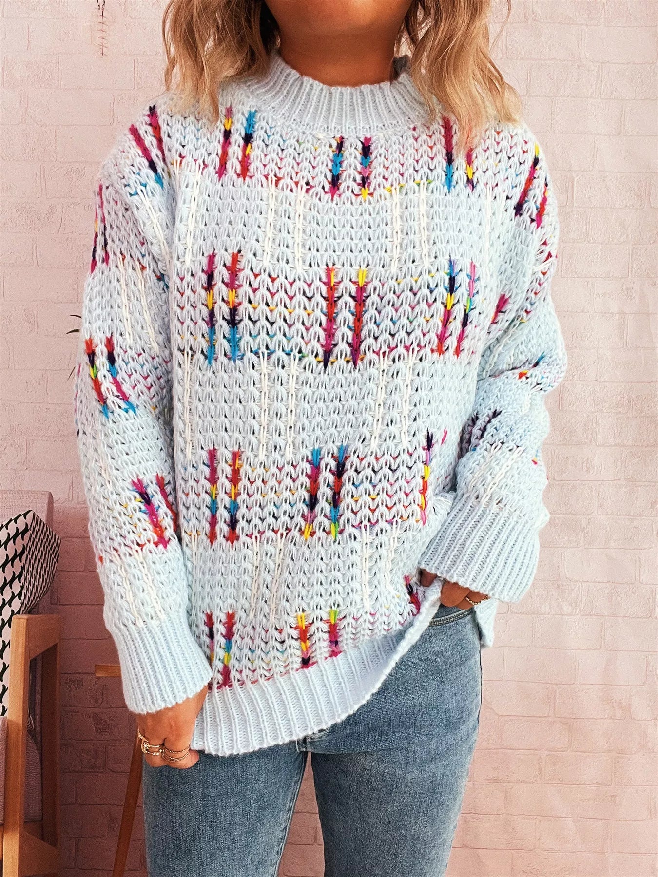 Colorful Round Neck Long Sleeve Sweater OutfitFlow