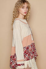 POL Round Neck Half Button Color Block Top with Merrow Edge Detail OutfitFlow
