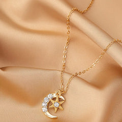 18K Gold-Plated Rhinestone Star & Moon Necklace OutfitFlow