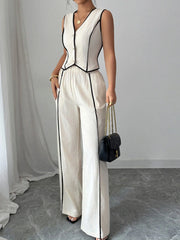 Contrast Trim V-Neck Vest and Pants Set OutfitFlow
