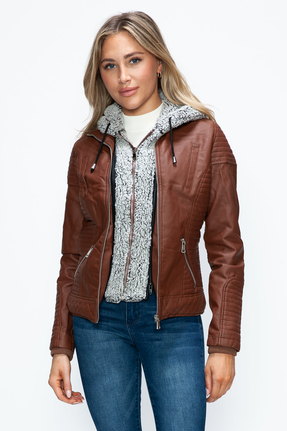 Outfit Flow - YMI Faux Layered Double-Zipper Jacket with Fuzzy Hood