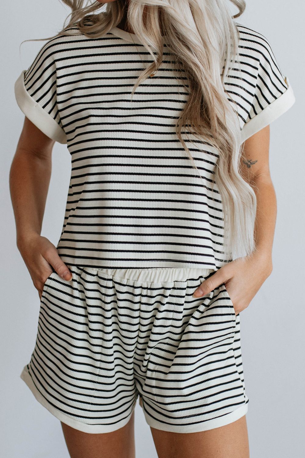 Outfit Flow - Striped Round Neck Top and Shorts Set