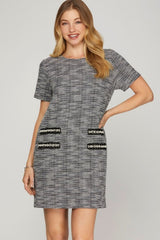 She + Sky Full Size Short Sleeve Pearl Studded Trim Knit Tweed Dress Plus Size Black OutfitFlow