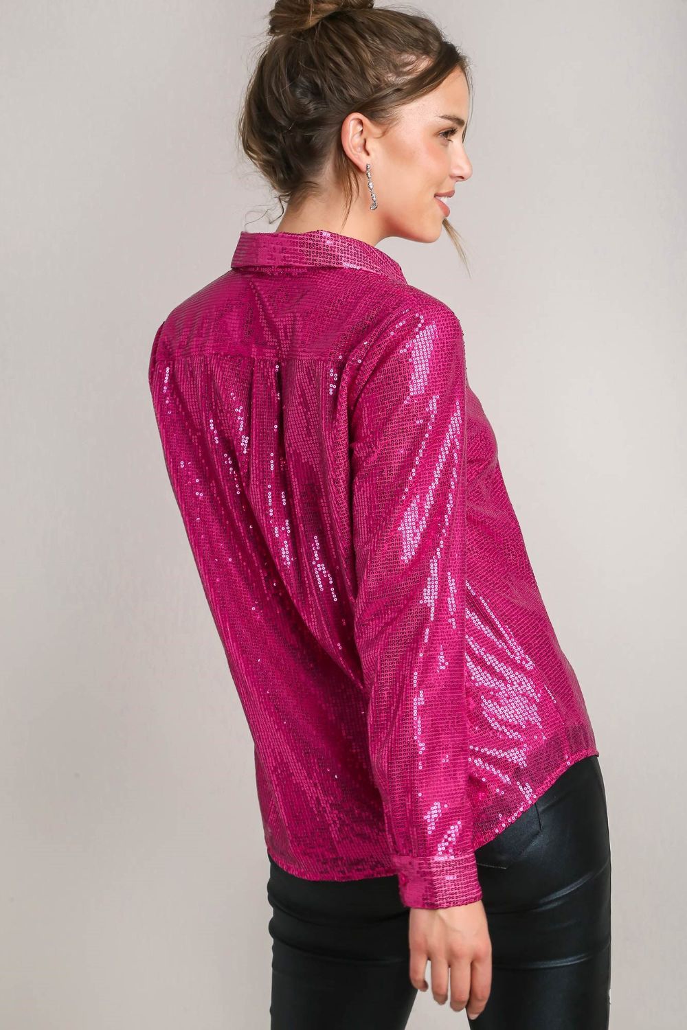 Umgee Sequin Long Sleeve Shirt with Side Chest Pocket