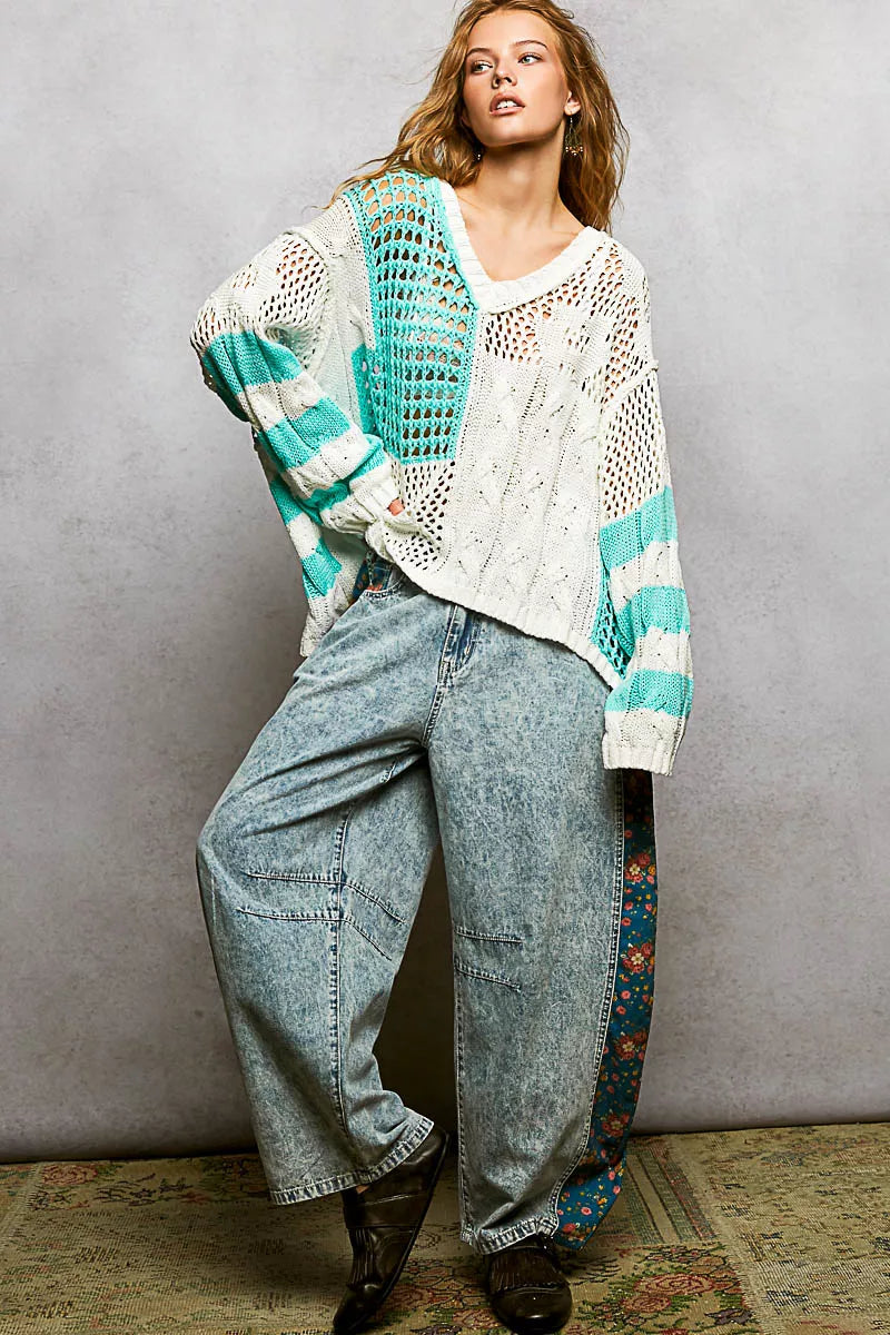 POL Color-Blocked Stripe Pattern Knit Top with Twisted Weave OutfitFlow