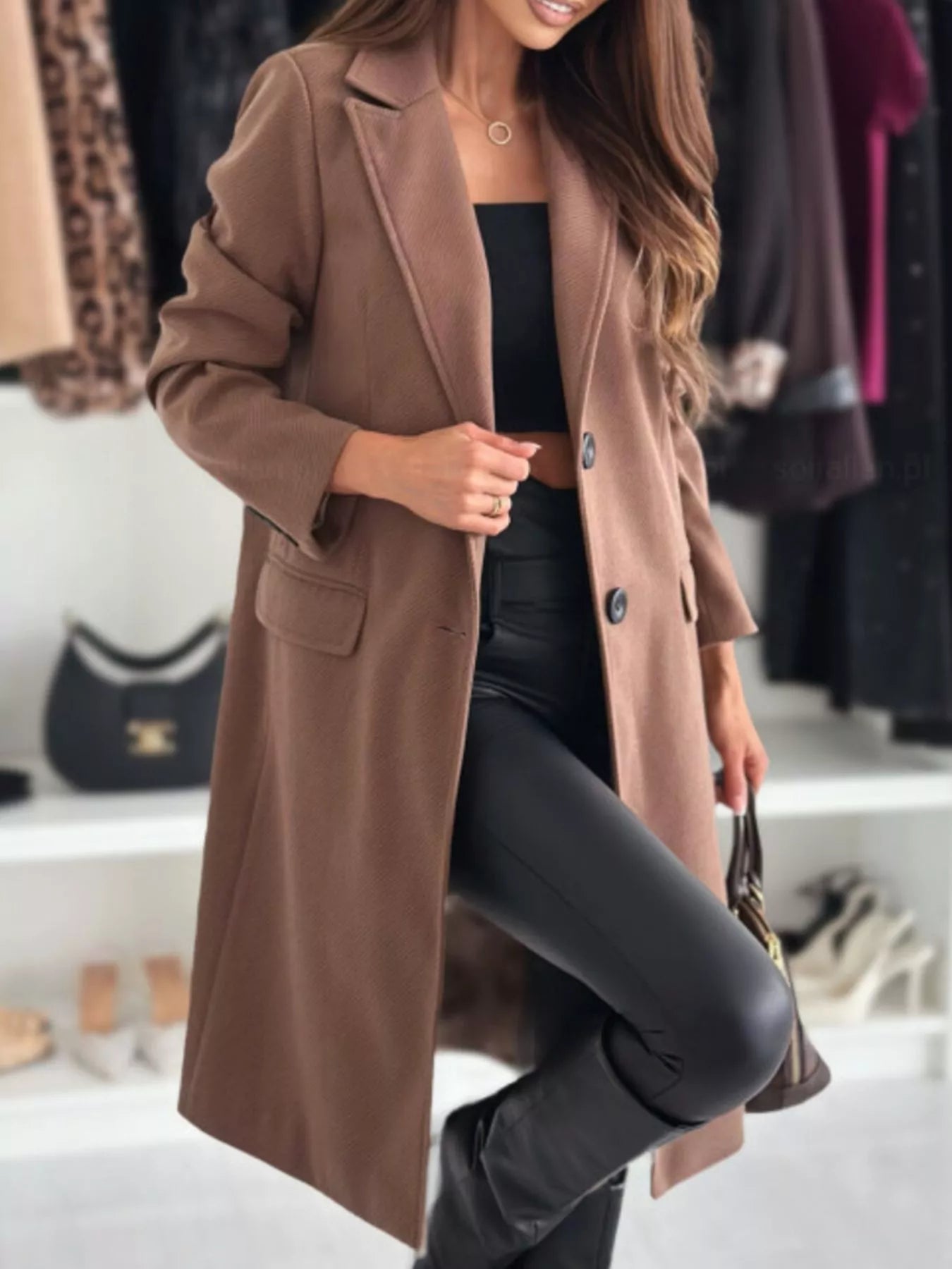 Lapel Collar Long Sleeve Coat Brown OutfitFlow