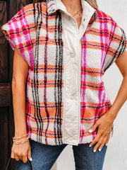 Sherpa Plaid Snap Down Vest Coat Trendsi