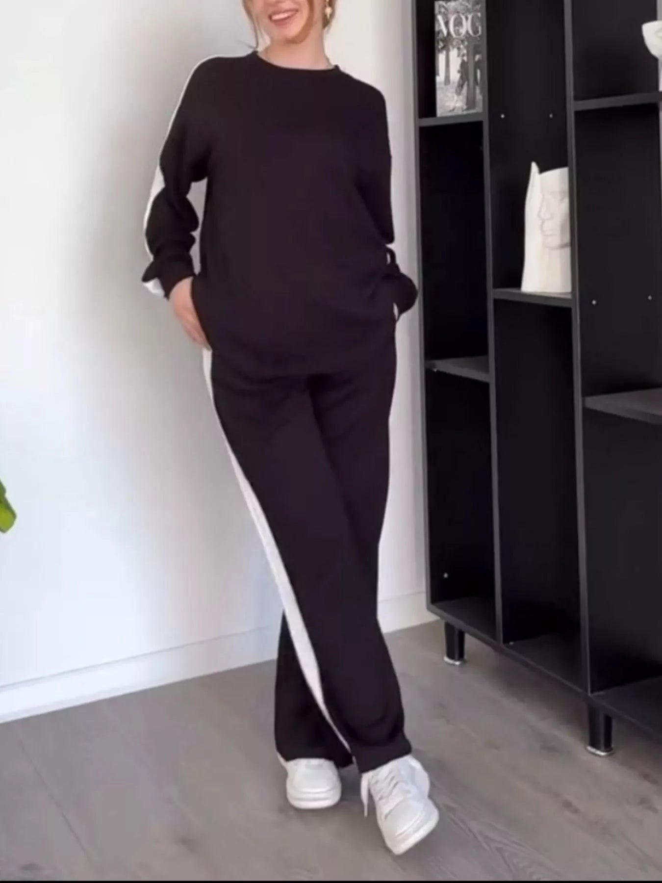 Full Size Contrast Round Neck Top and Pants Set Plus Size OutfitFlow