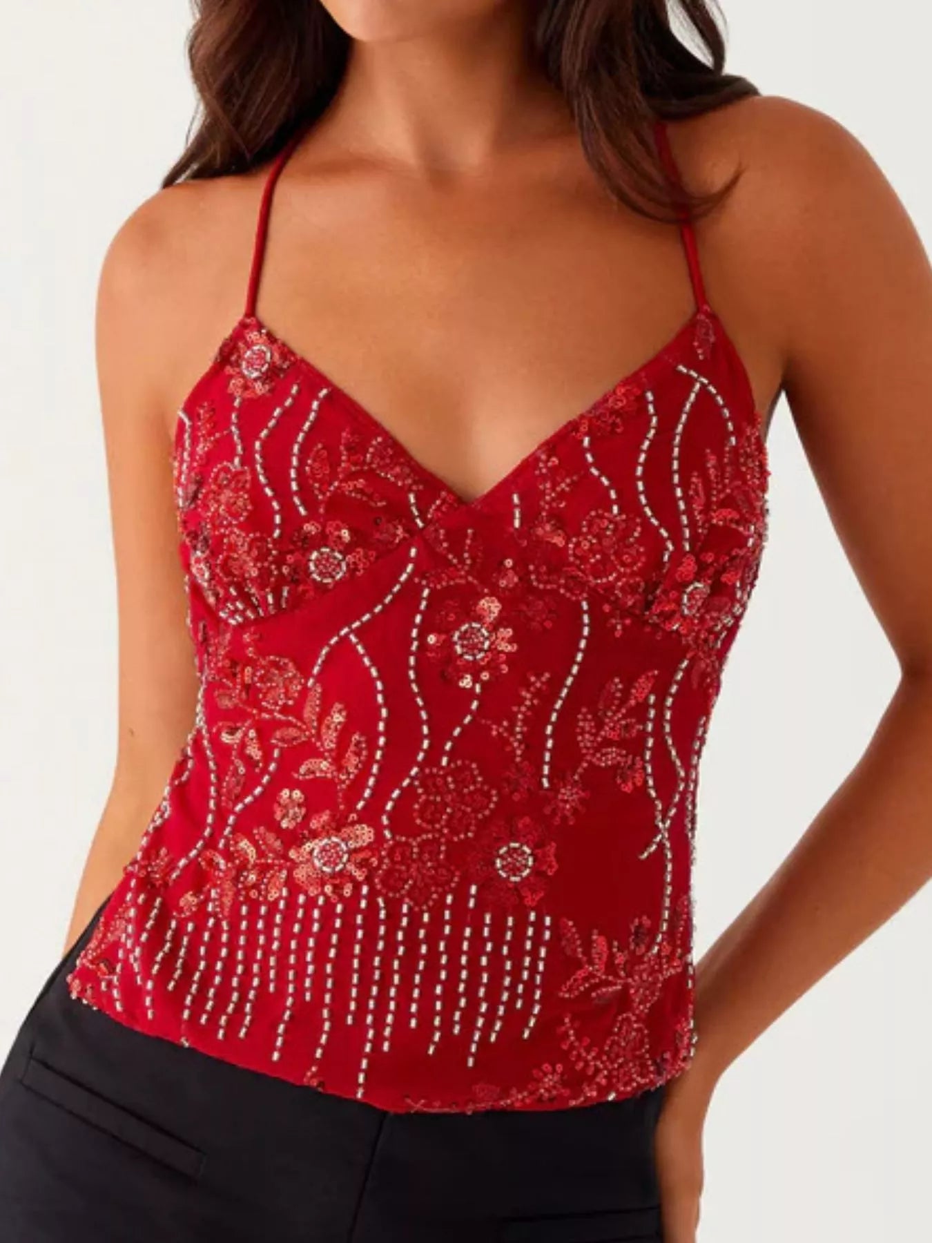 Embroidered Sequin Tie Back Cami OutfitFlow
