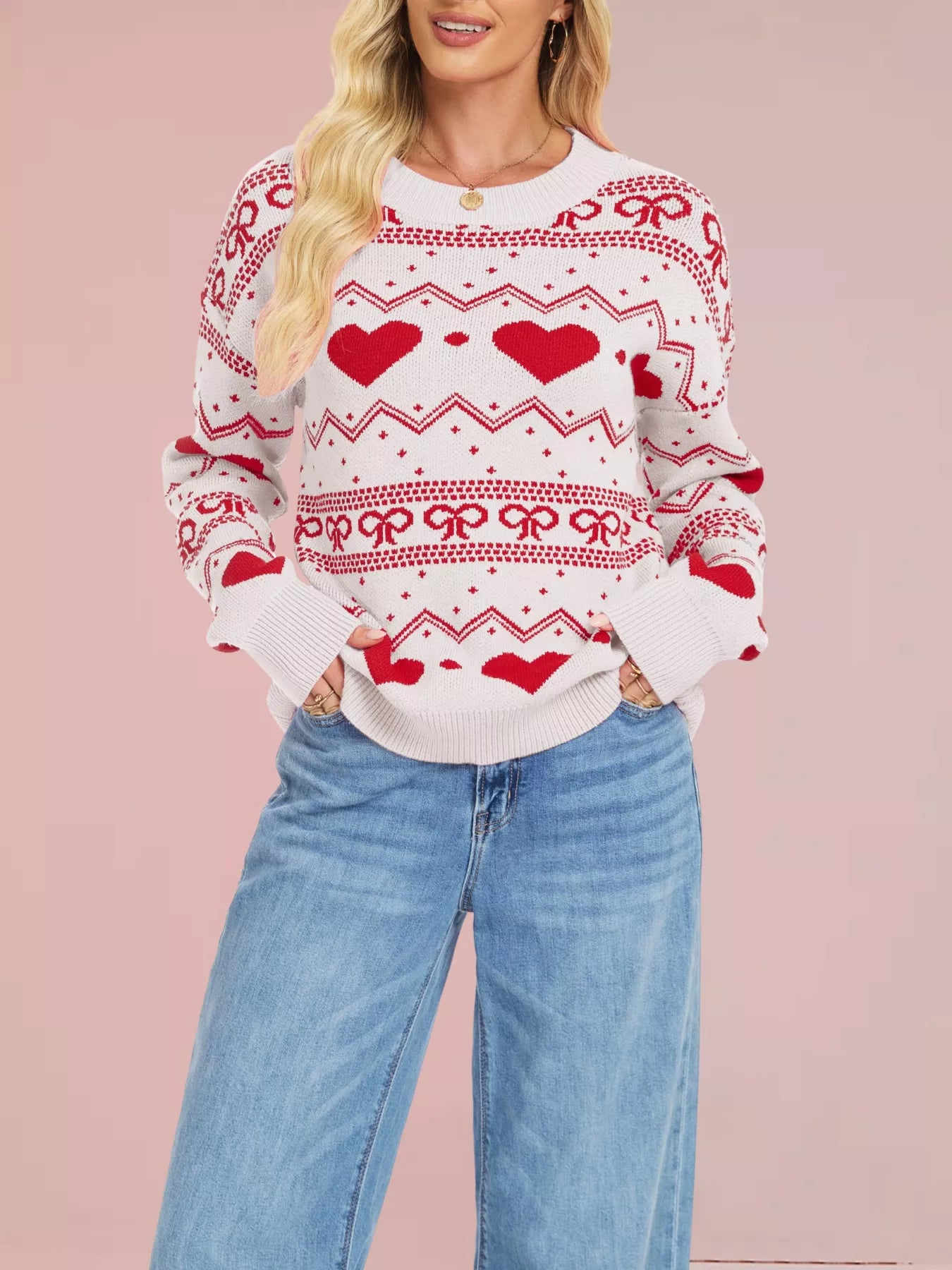 Heart & Bow Pattern Round Neck Sweater White OutfitFlow