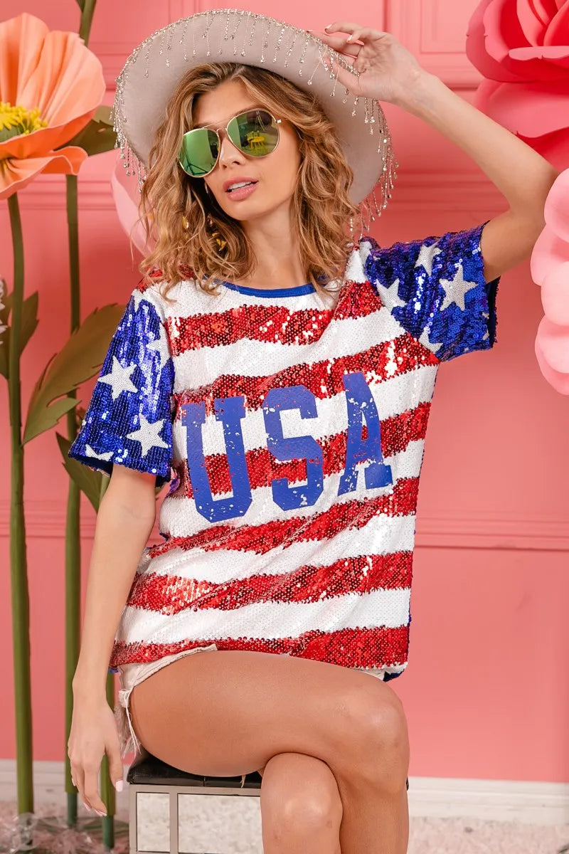 BiBi American Flag Theme USA Lettering Sequin Top OutfitFlow