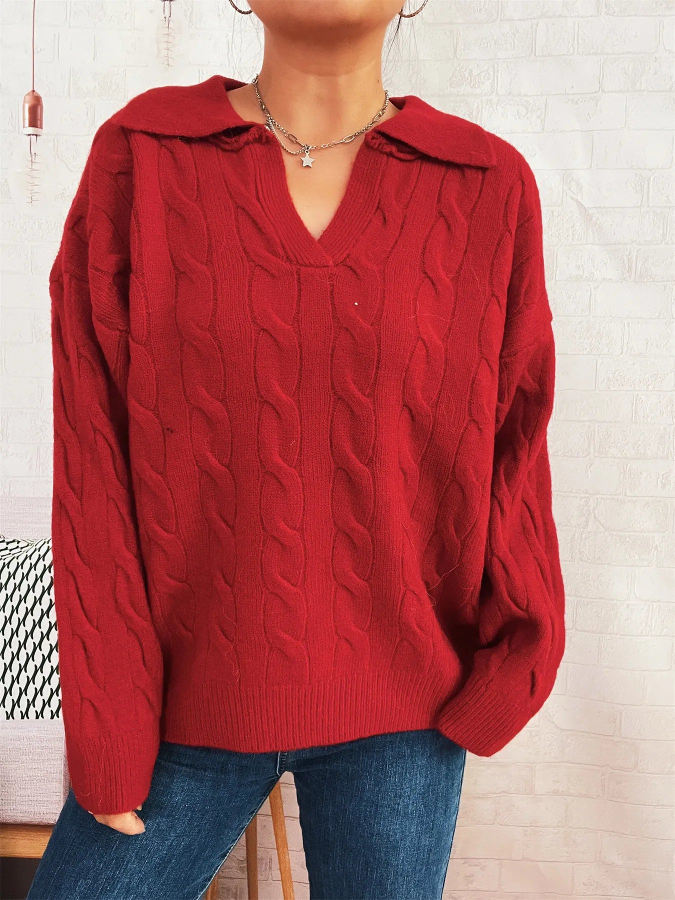 Cable Knit Johnny Collar Sweater Trendsi