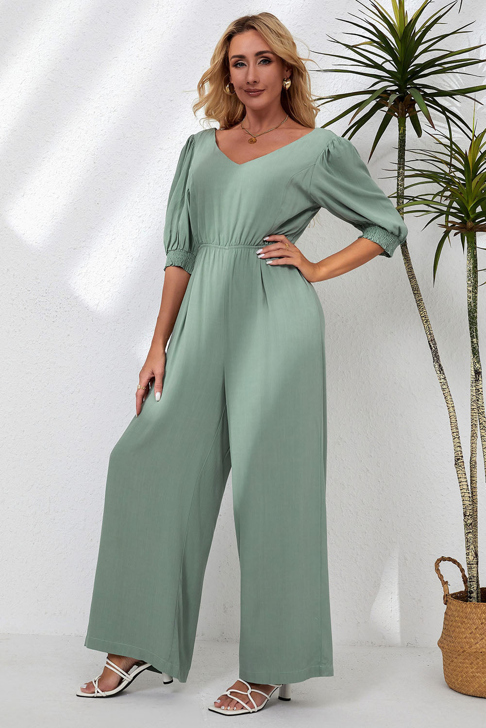 Outfit Flow - V-Neck Half Sleeve Jumpsuit