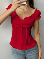 Frill Ruched Cap Sleeve Blouse OutfitFlow