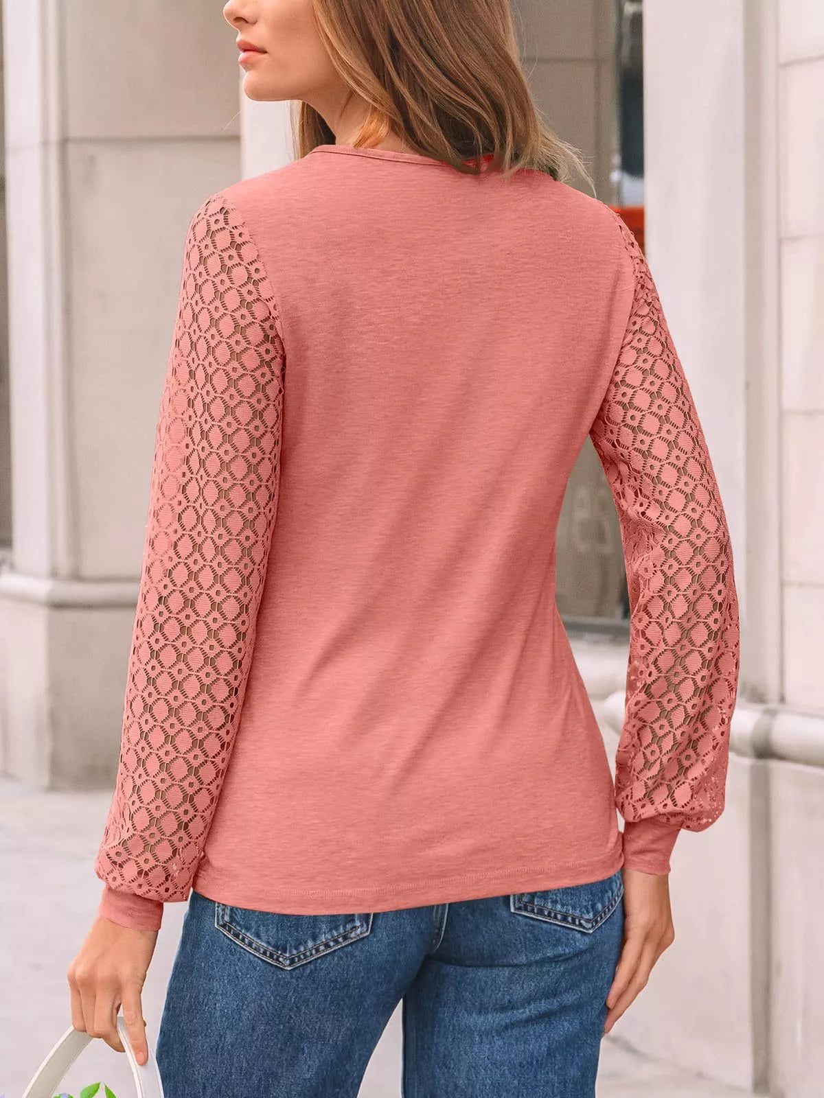 Lace Sleeve Crew Neck T-Shirt OutfitFlow