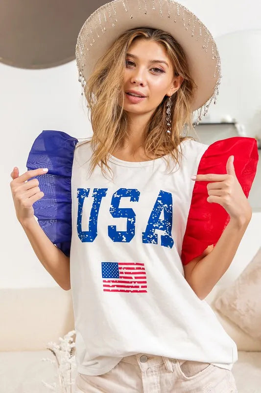 BiBi USA Theme Color Block Organza Ruffle Sleeve Top OFF WHITE OutfitFlow