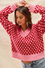 SO ME Color Block Textured Christmas Sweater V Neck Top OutfitFlow