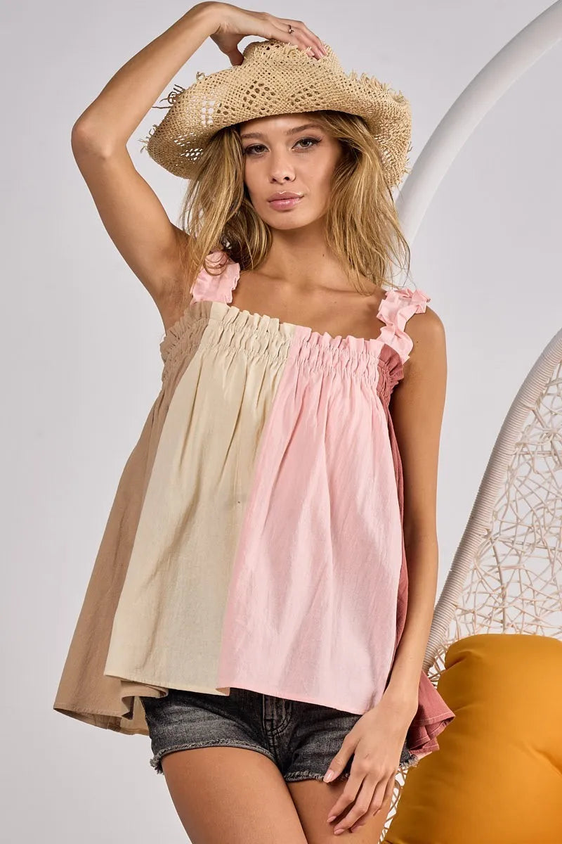 BiBi Frill Shoulder Strap Color Block Bodice Top OutfitFlow