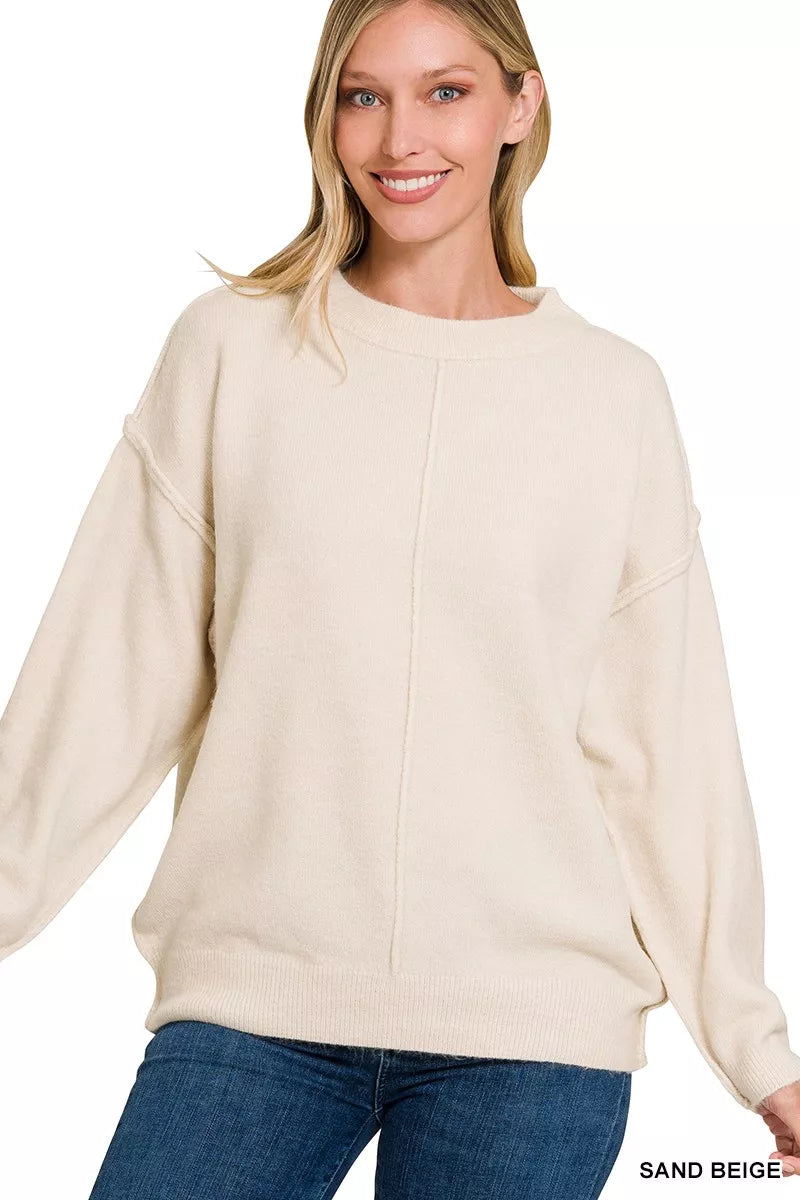 Zenana Melange Front Seam Round-Neck Sweater Trendsi