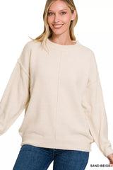 Zenana Melange Front Seam Round-Neck Sweater Trendsi