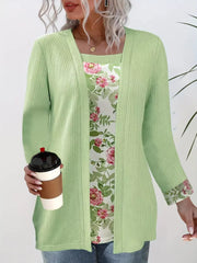 Floral Print Casual Fake Two Piece Top Light Green OutfitFlow