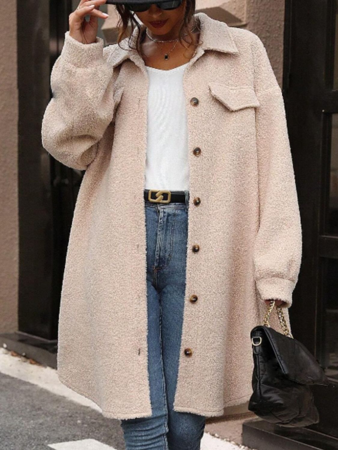 Outfit Flow - Button Up Drop Shoulder Sherpa Coat