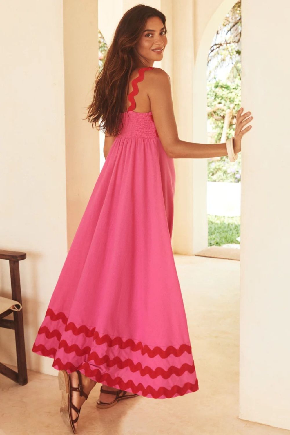 Contrast Trim Square Neck Wide Strap Dress OutfitFlow